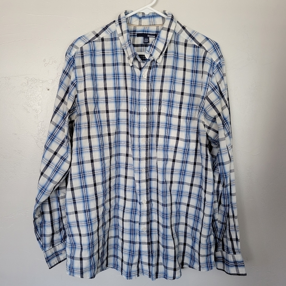 Basic Editions Men's Large Long Sleeve Plaid Button Up Shirt Blue Ivory Dress